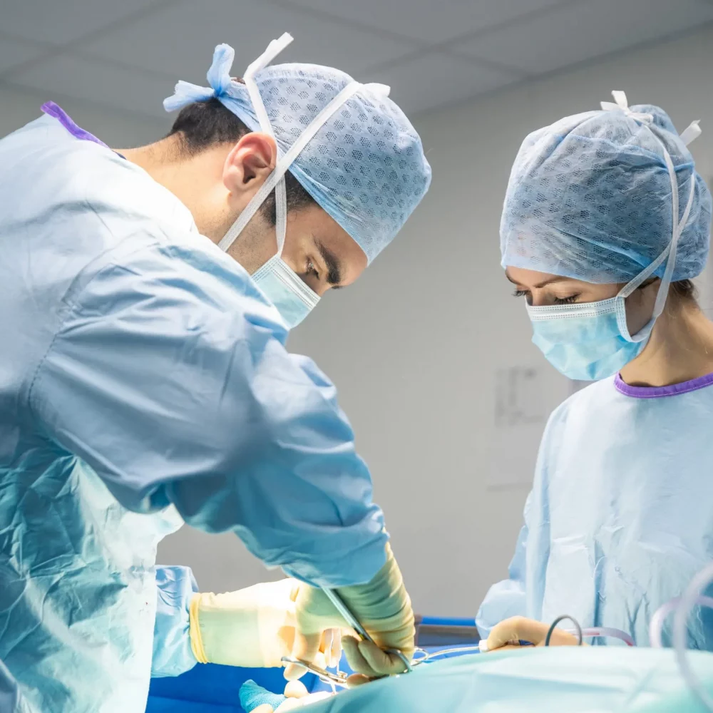 two veterinary surgeons dressed in ppe performing surgery on a pet