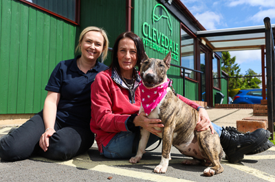 Small Animal Clinical Director Nicole McKenzie with Bella and her owner Corrie Laverick